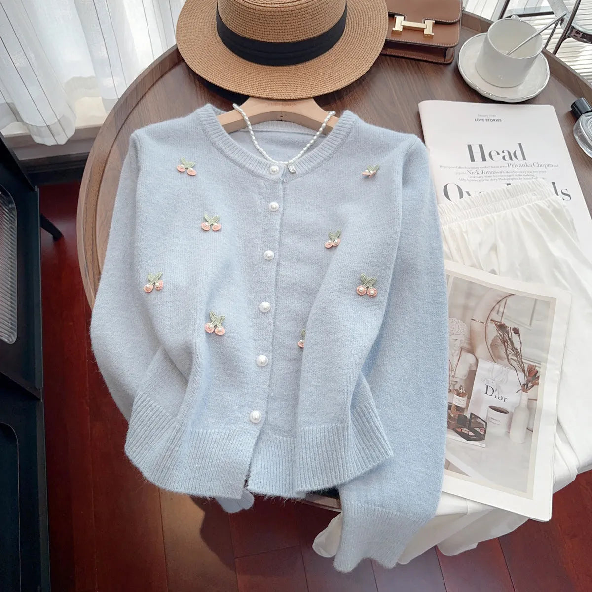Women's beaded cashmere cardigan sweater coat in slim fit, shown in one of four available colours.