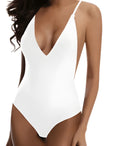 Women's V-neck one-piece swimsuit in polyester fabric shown on a mannequin.