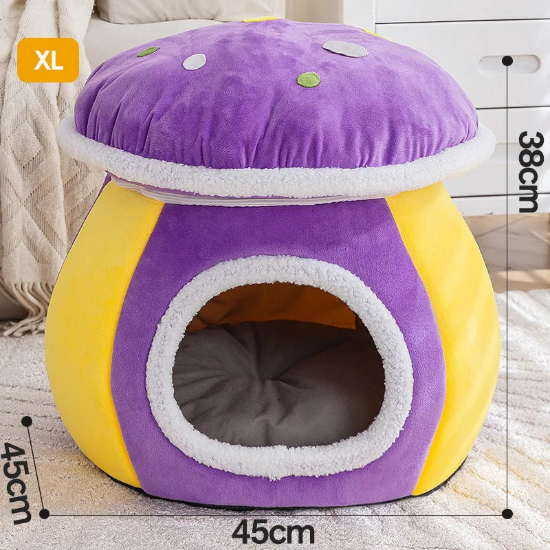 Grey plush mushroom-shaped cat bed with a detachable blanket inside a pet cage.