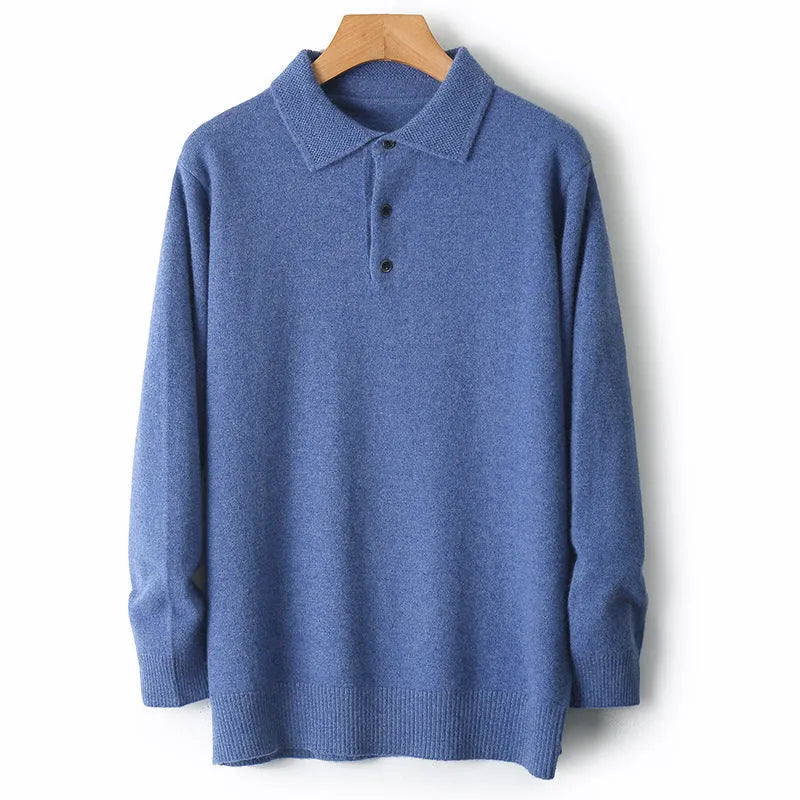 Men's grey wool pullover sweater with a polo collar and long sleeves, showing collage stitch detail.