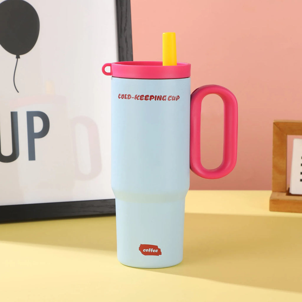 Insulated straw cup with handle showing 710ml capacity and leak-proof lid in assorted colours