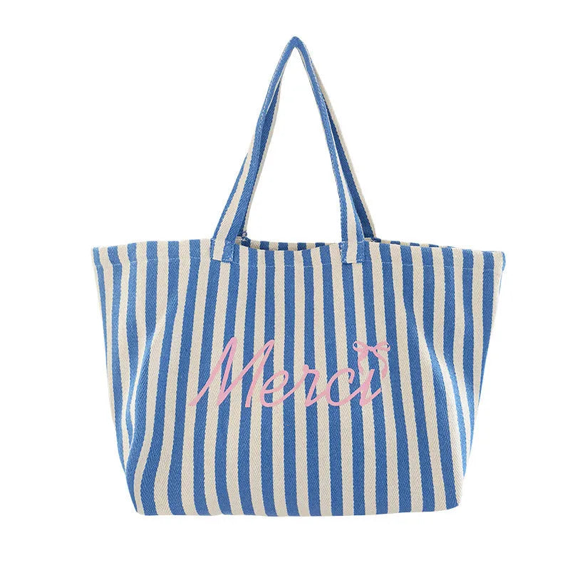 Blue striped letters printed cotton canvas shoulder bag with pink blue white stripes
