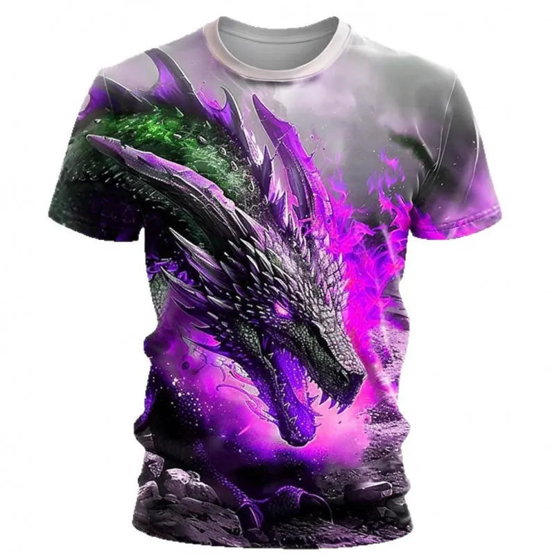 Men's grey short-sleeved T-shirt featuring a large 3D printed wind dragon design on the front.