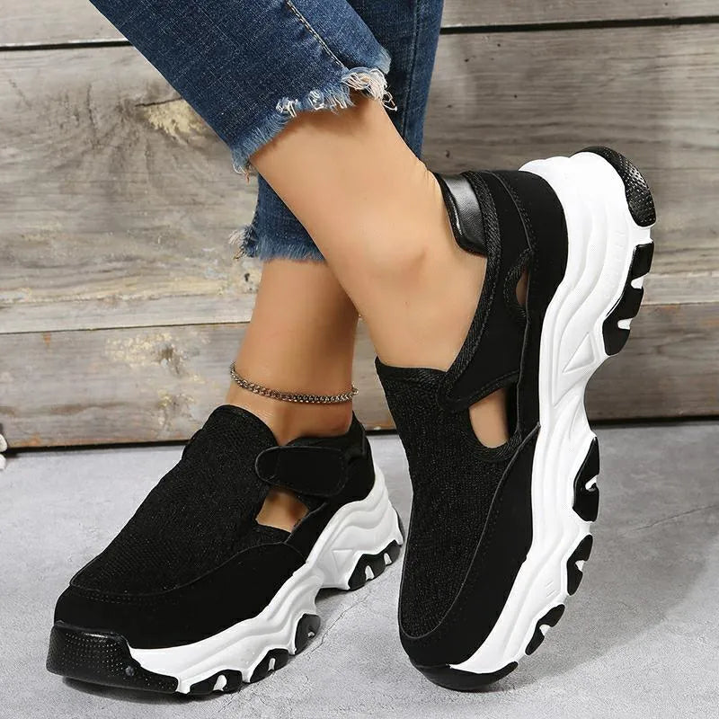Women's mesh sport shoes with flat heel, round toe, Velcro fastening, and breathable mesh upper in solid colour