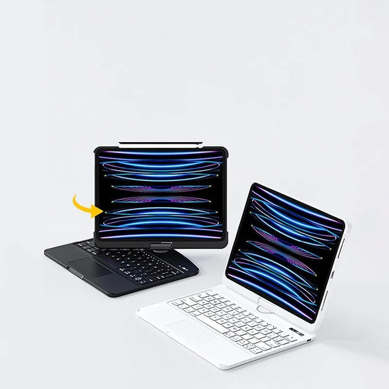 Transparent wireless keyboard protective case for iPad Pro and iPad Air models showing Bluetooth connectivity