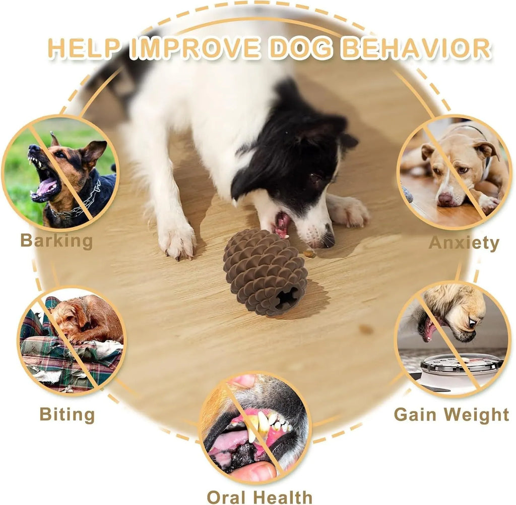 Yellow pine cone shaped natural rubber dog toy with treat dispenser hole