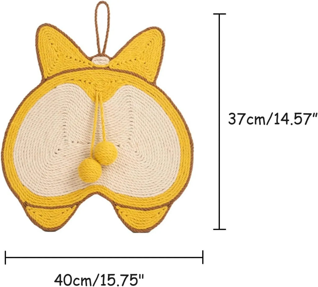 Yellow corgi-butt design sisal cat scratching pad with anti-slip base on a wooden floor.