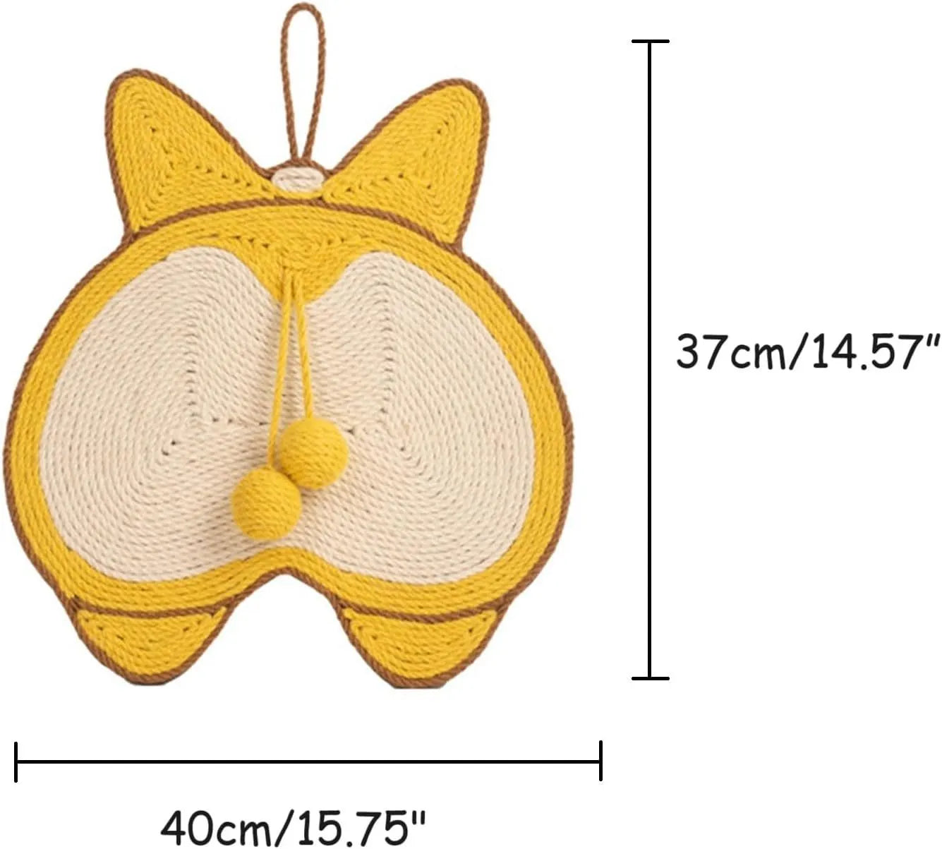 Yellow corgi-butt design sisal cat scratching pad with anti-slip base on a wooden floor.