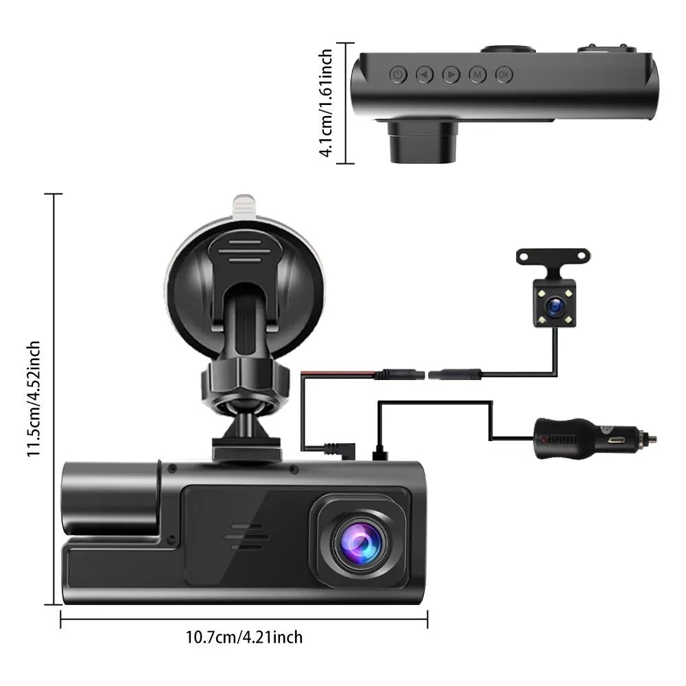 WiFi car driving recorder with 2-inch screen on a dashboard, showing front and rear camera views.