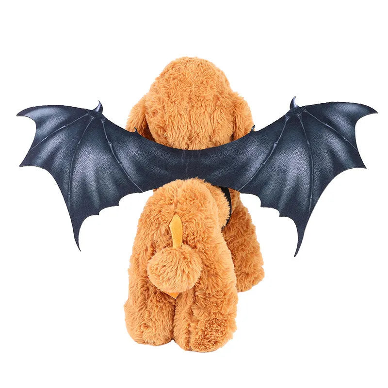 Black cloth bat wings Halloween costume shown on a dog, with size options for 40cm, 55cm, and 64cm wingspans.