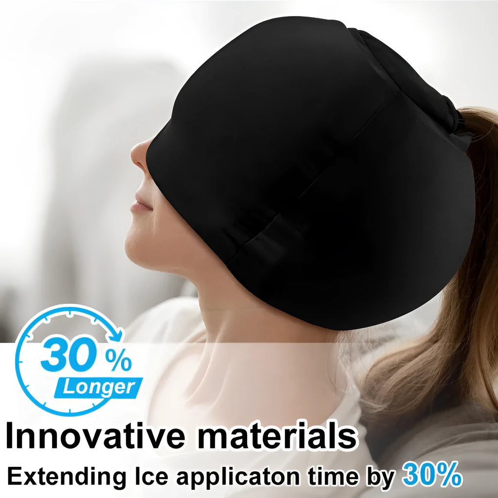 Simple solid colour cold compress cap in black, pink, or dark blue with enclosed design.