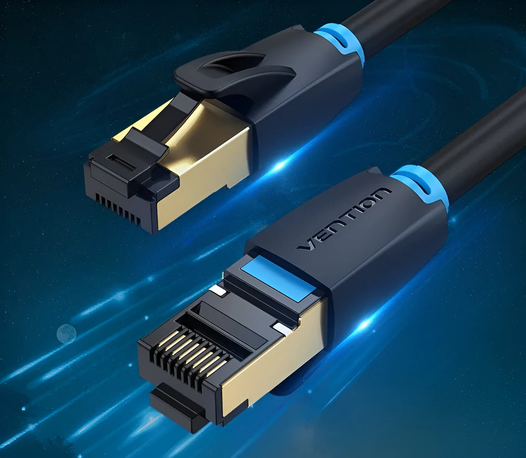 CAT8 shielded flat and round network cables with RJ45 connectors in various lengths from 0.5 to 10 metres