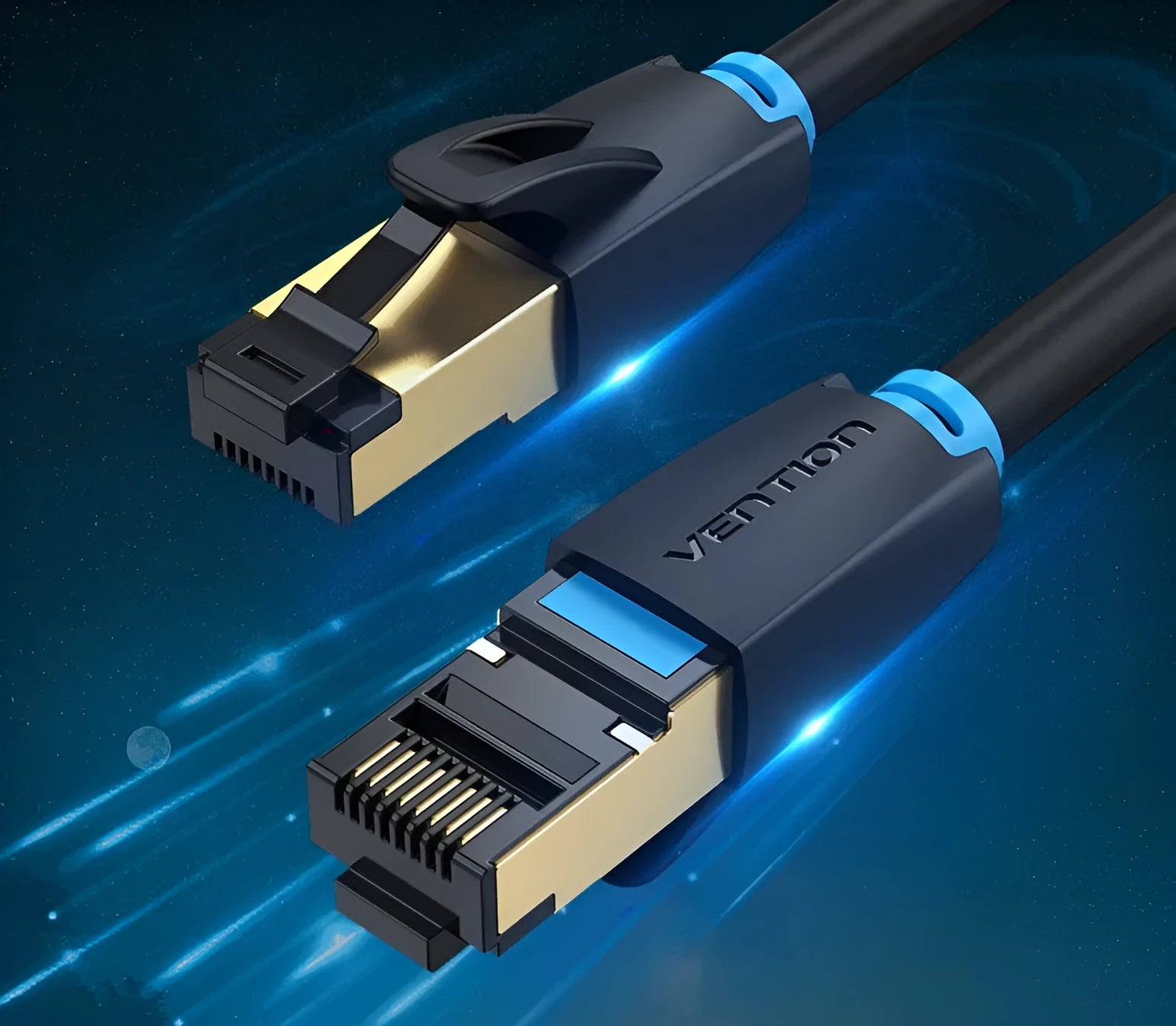 CAT8 shielded flat and round network cables with RJ45 connectors in various lengths from 0.5 to 10 metres
