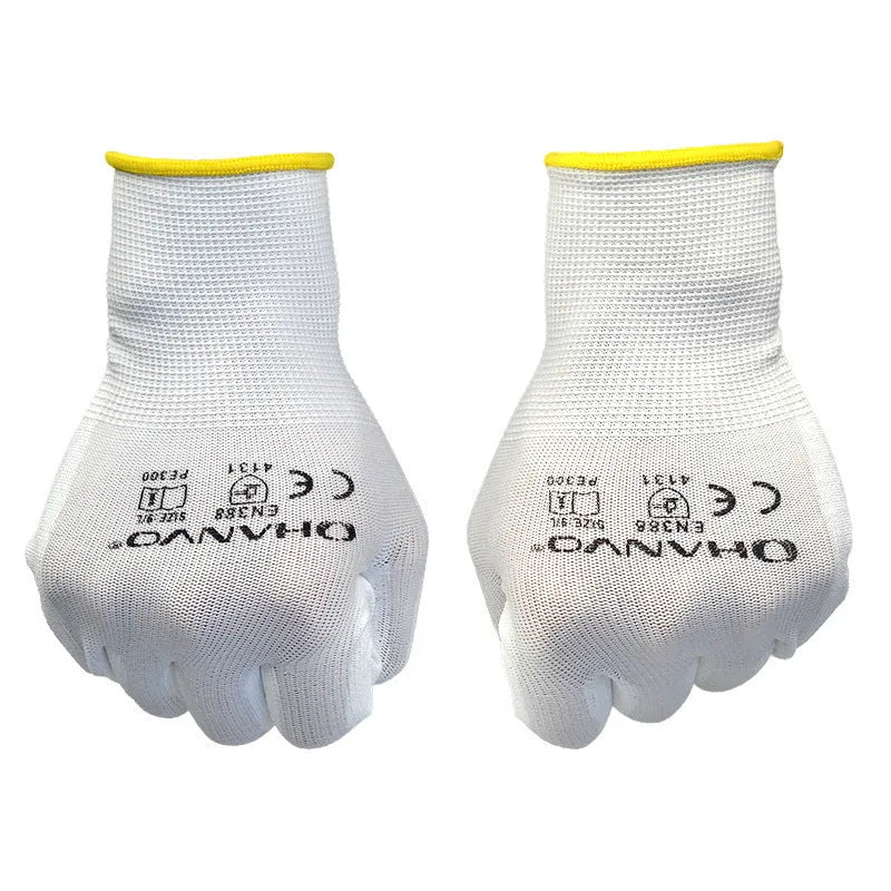 White PU coated labour gloves showing wrist length and flexible construction