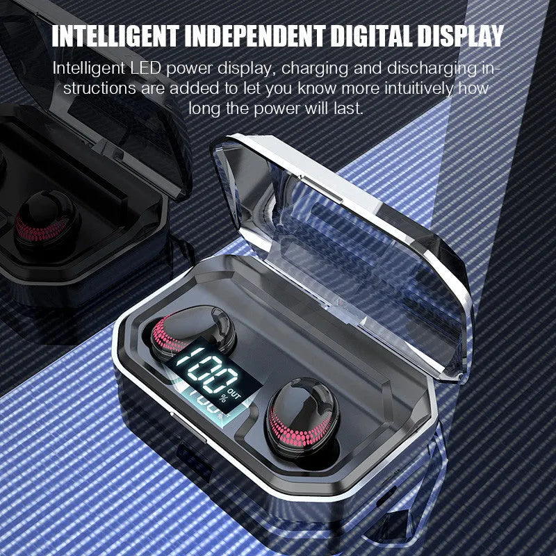 Black X10 Bluetooth wireless headset and charging case on a solid colour background.