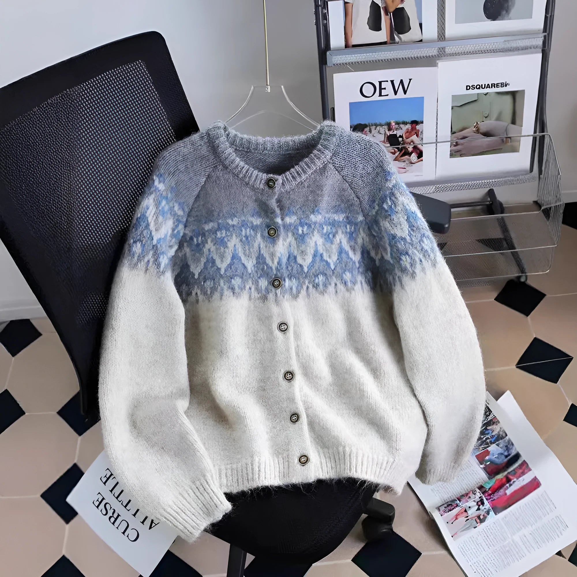 Women's loose-fitting jacquard knit sweater coat in a contrast colour pattern.
