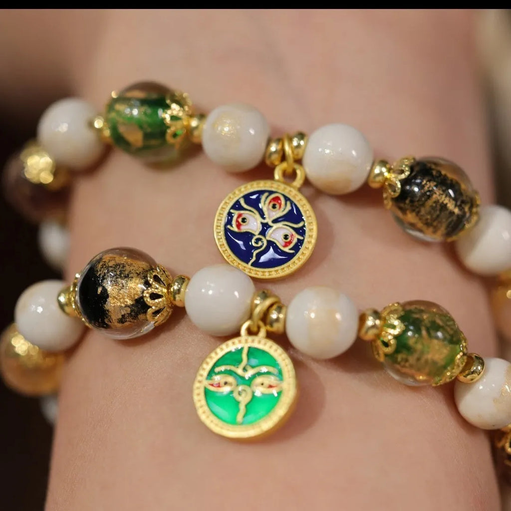 Handmade fragrant gray porcelain glaze bracelet with Five Gods of Wealth motif and geometric 10mm glass beads