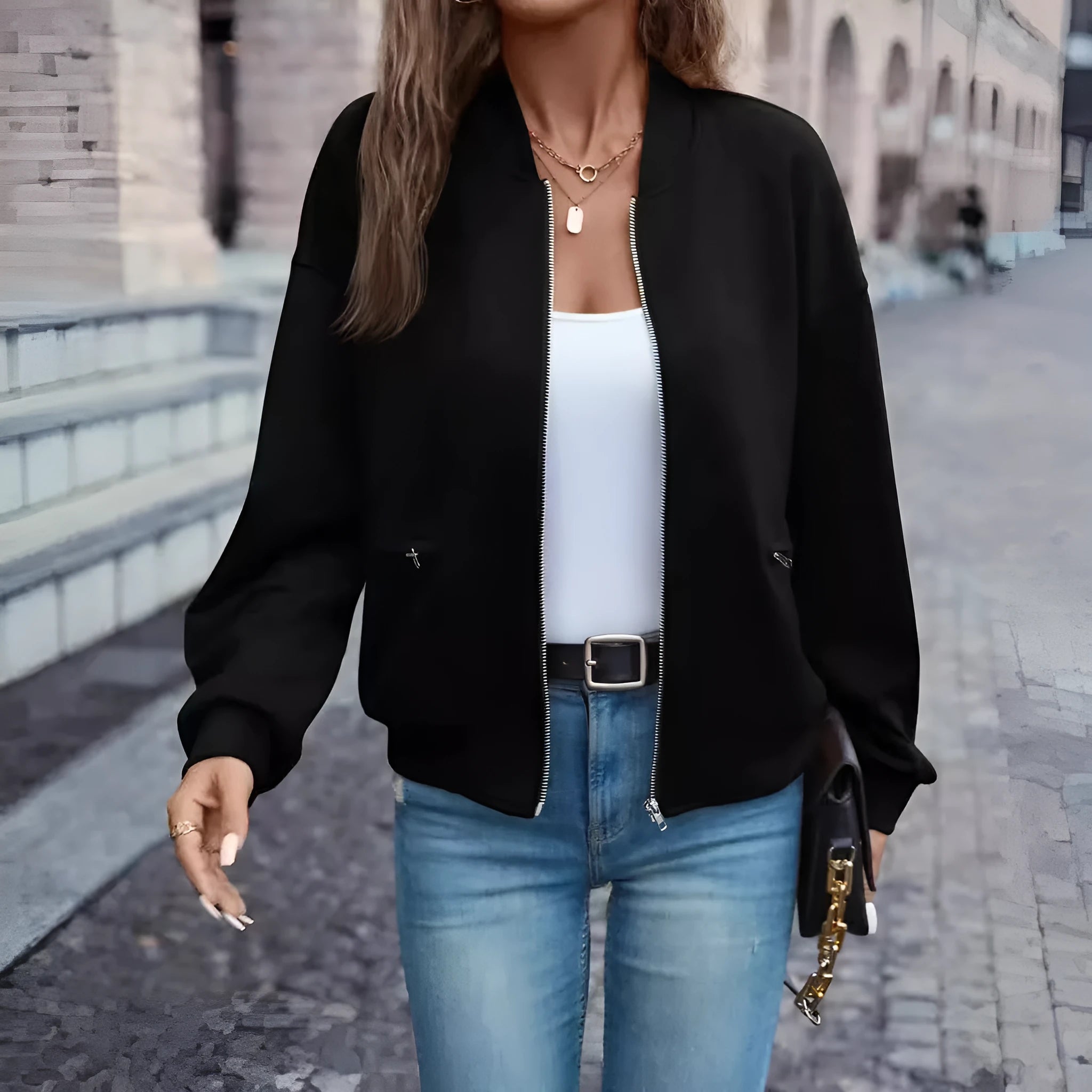 Black women's faux pocket zip jacket with long sleeves for autumn winter casual wear