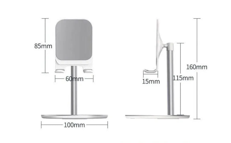 Silver white aluminium alloy mobile phone desktop stand holding a smartphone at an adjustable angle
