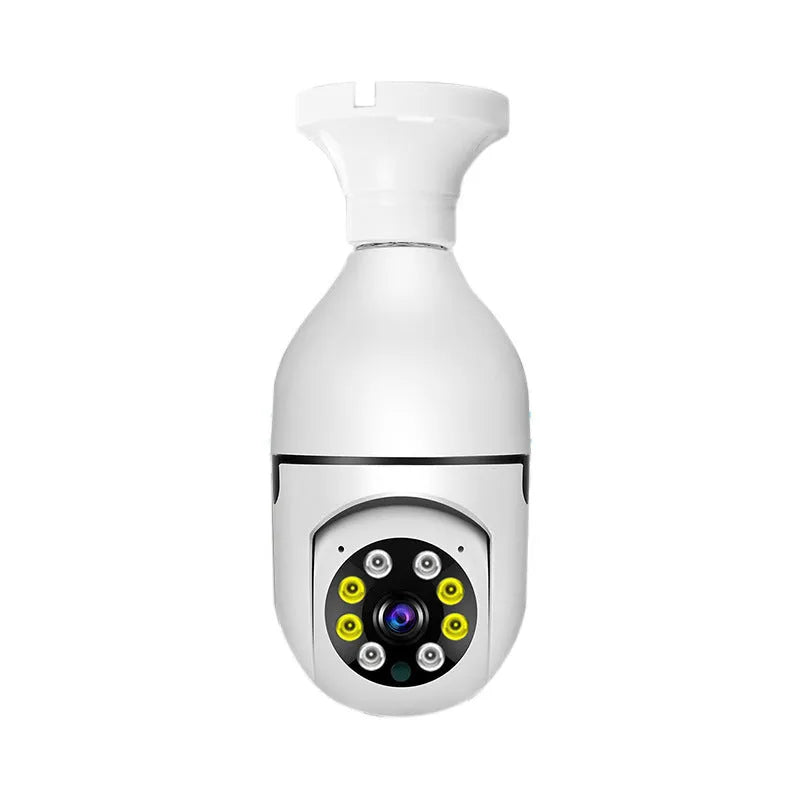 White wireless bulb security camera with a lens, shown next to a scale indicating its 5cm by 12cm dimensions.