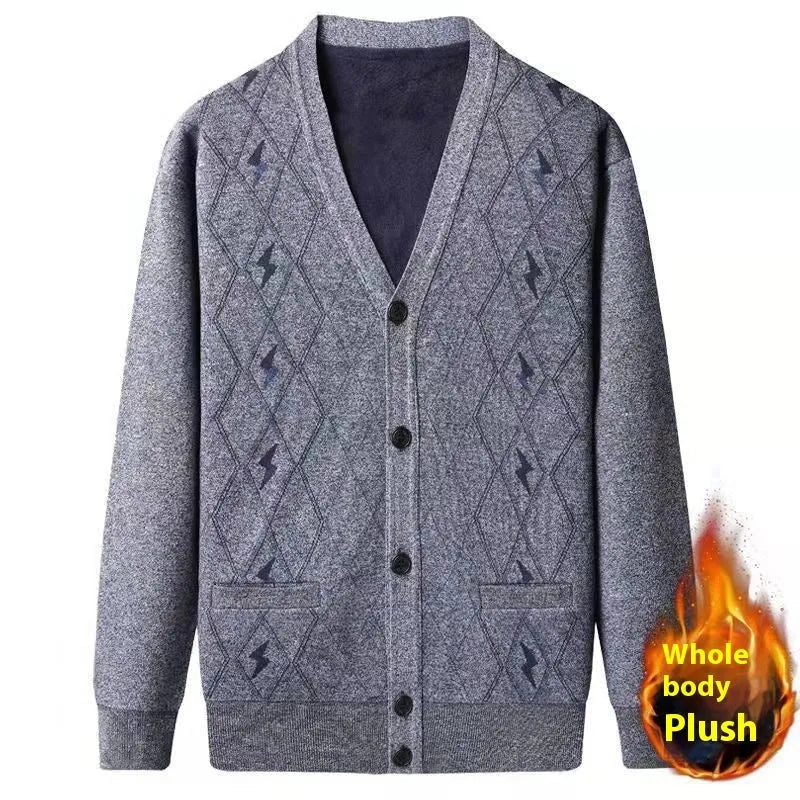 Men's grey batwing sleeve cardigan with velvet lining, shown on a hanger.