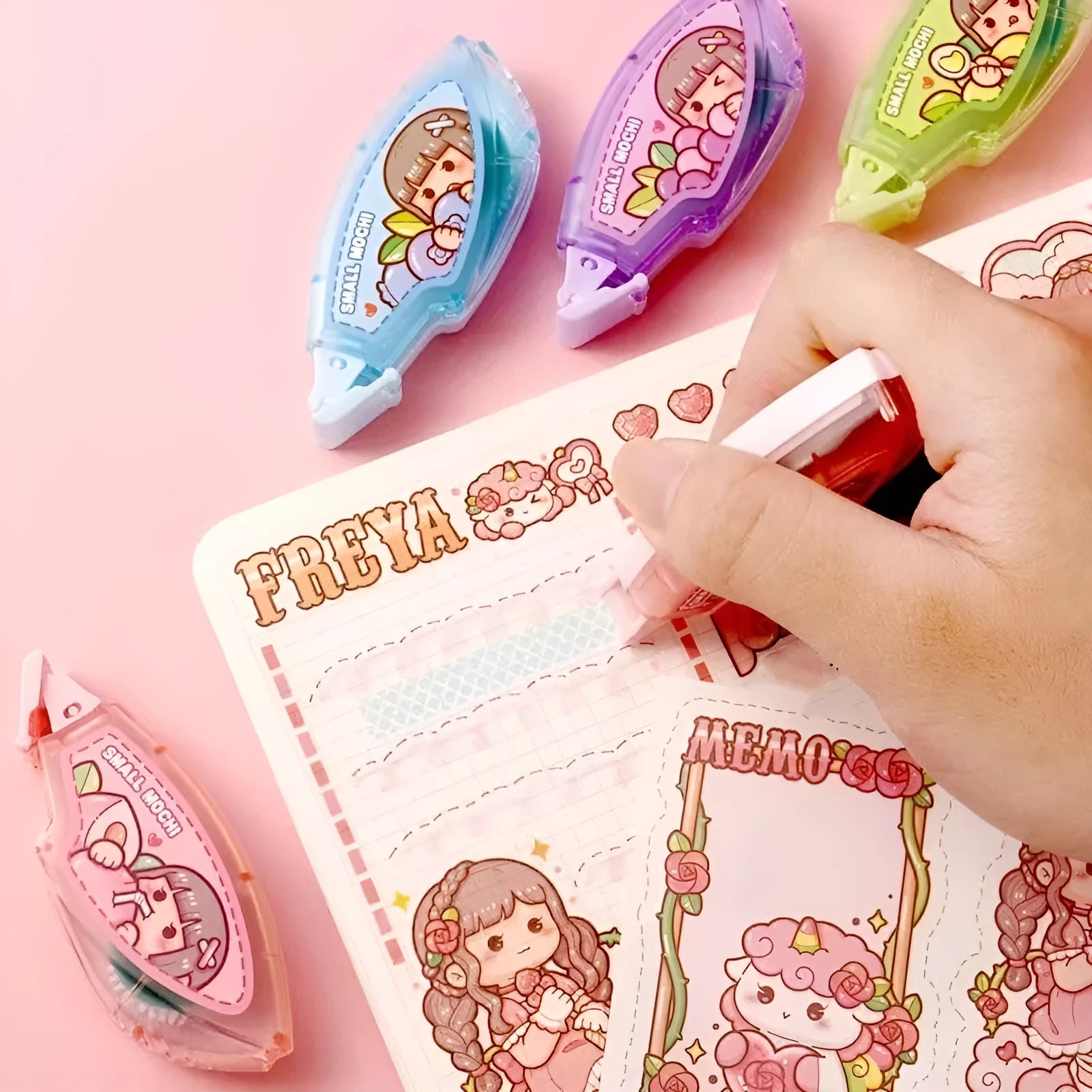 Dotting glue stationery adhesive in assorted fruit juice colours on a card pack.