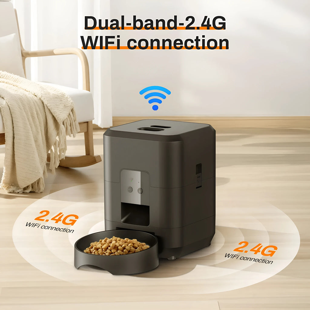 Automatic pet feeder for cats with WiFi, video and button control options in white or black colours