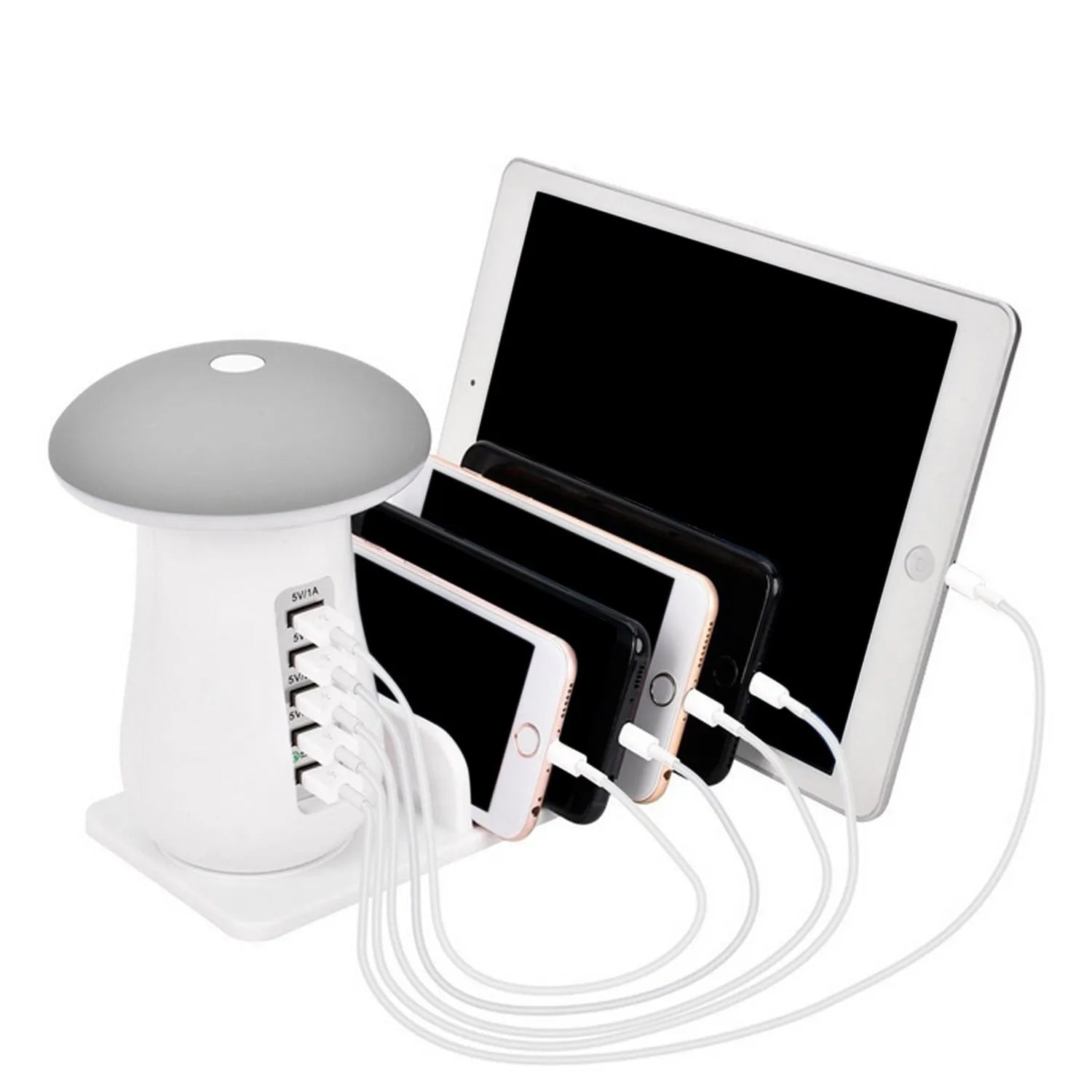 White mushroom-shaped LED light on a five-port USB charging station for phones and tablets