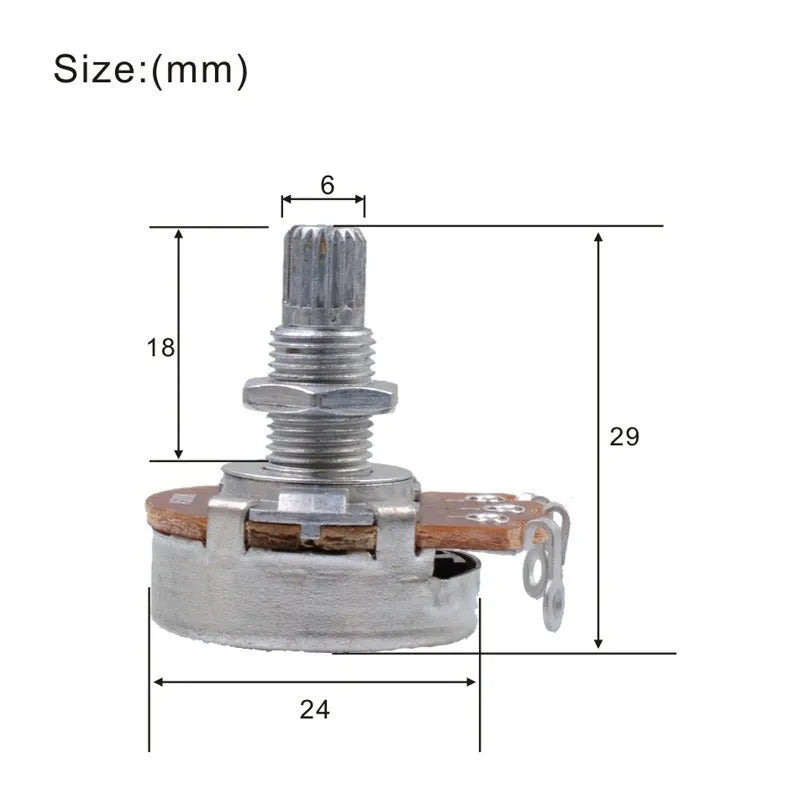 A single metal control knob for an electric guitar potentiometer.