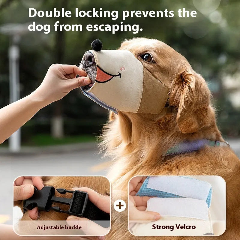 Canvas dog mouth cover muzzle shown in Ollie Brown Bear and Bondi Blue Shark colours, with size labels S, M, L, XL.