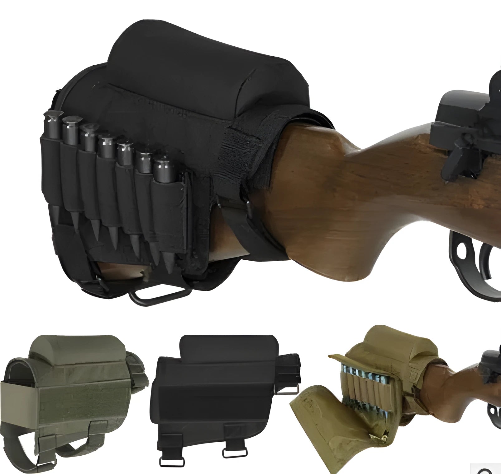 Adjustable buttstock cheek rest with non-slip padding pad and seven-round cartridge holder in army green