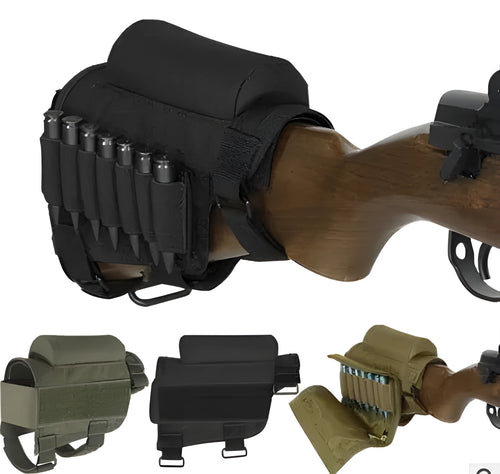 Adjustable buttstock cheek rest with non-slip padding pad and seven-round cartridge holder in army green