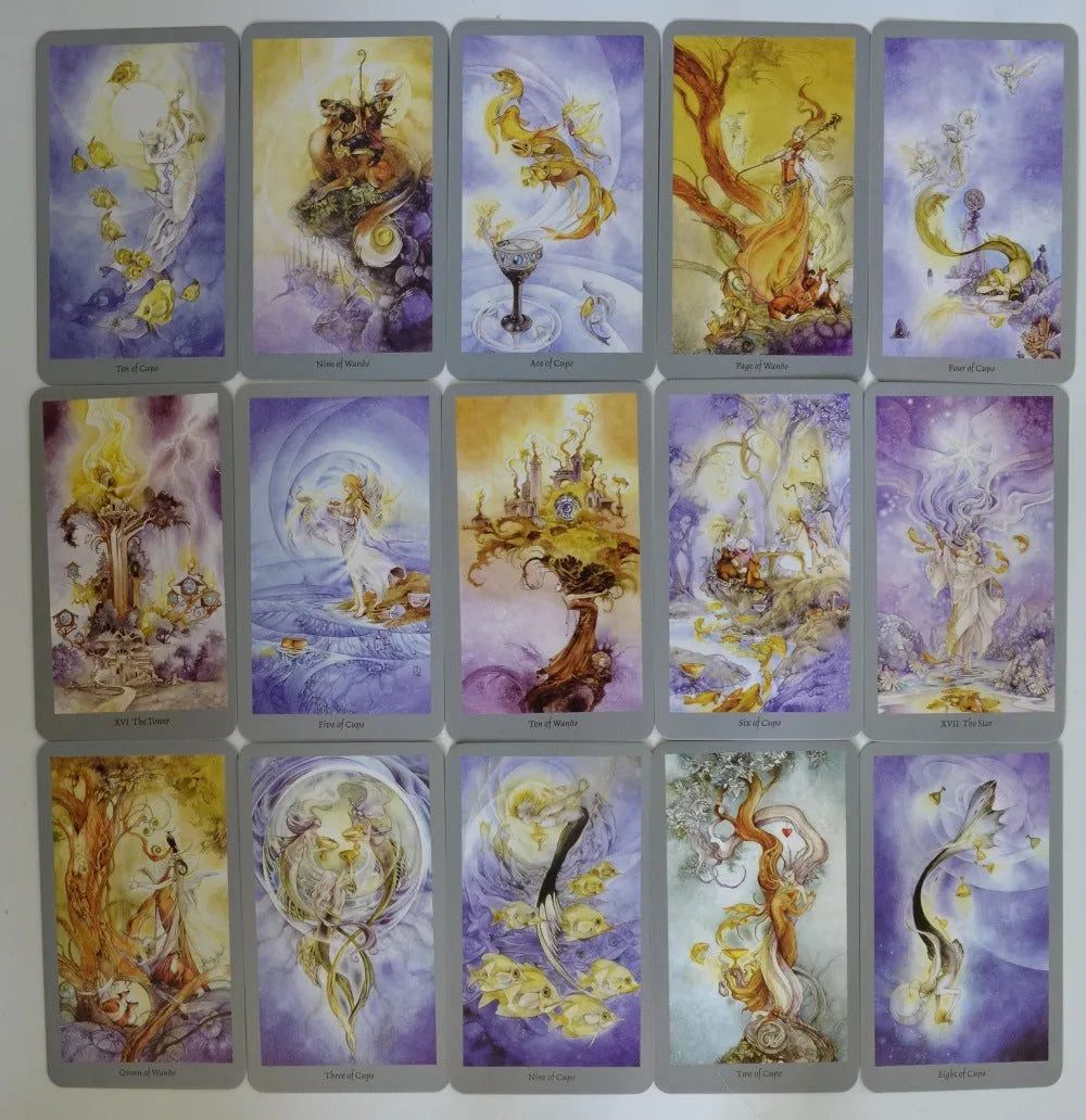 78-card tarot deck in English with black back and 49x49cm flannel tablecloth on wooden table