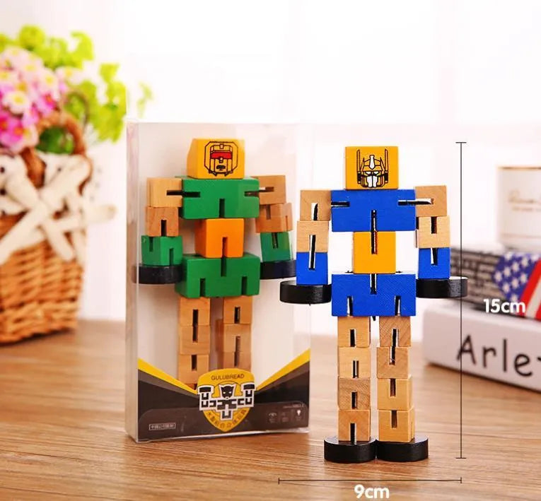Wooden robot 3D puzzle pieces in blue, green, orange red, and red colours on a table
