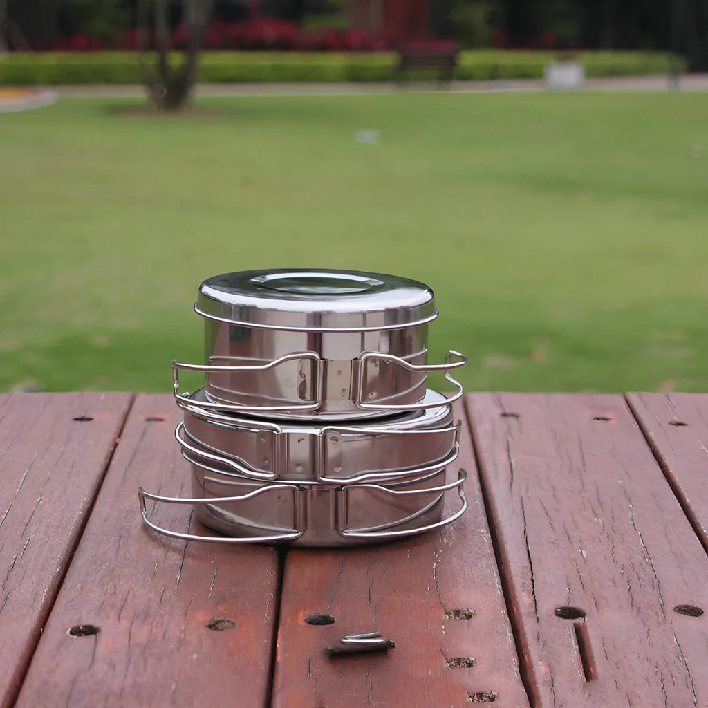 Silver stainless steel camping pot set with round design for outdoor cooking