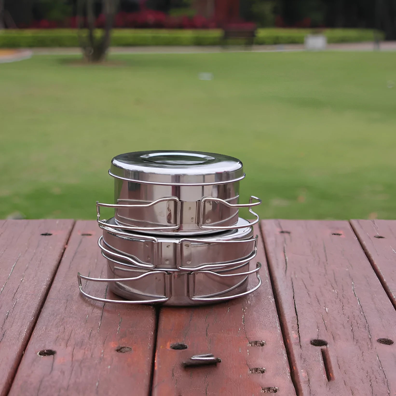 Silver stainless steel camping pot set with round design for outdoor cooking