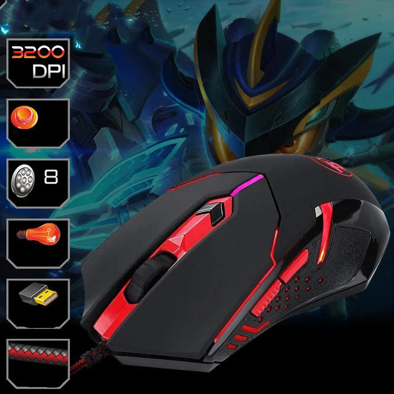 Black and red USB wired optical gaming mouse with six buttons on a desktop.