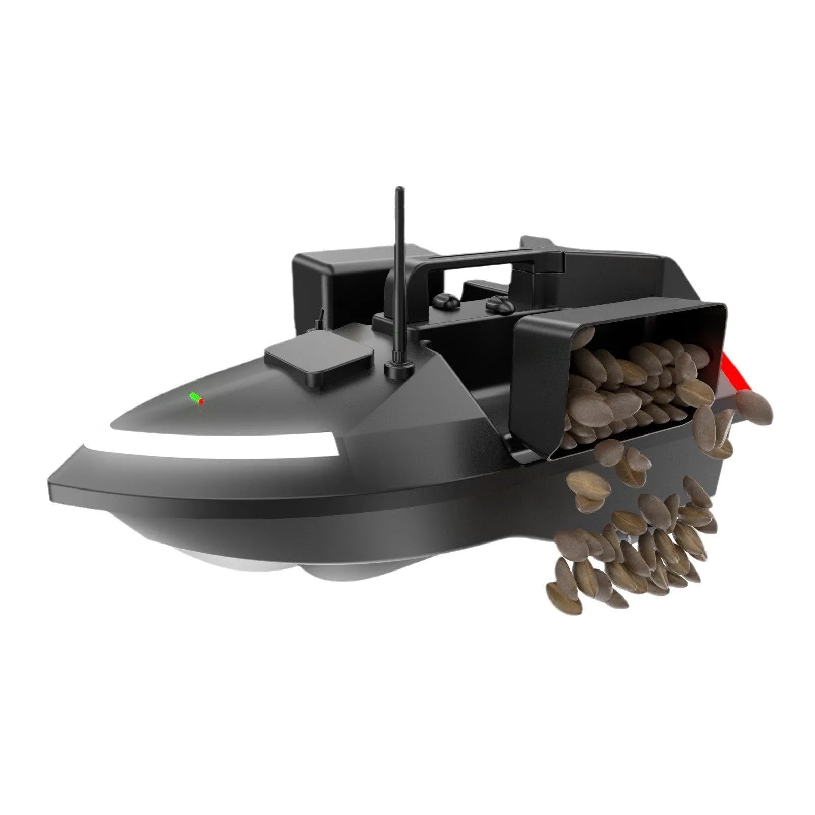 Black GPS remote control fishing boat on water with handheld transmitter, showing LED light.