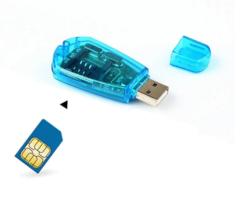 Blue external USB SIM card reader for mobile phone data backup and transfer.