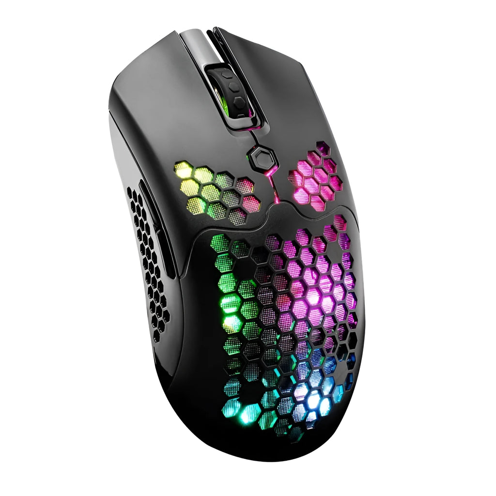Free Wolf X2 wireless RGB gaming mouse in five colour options on a desk.