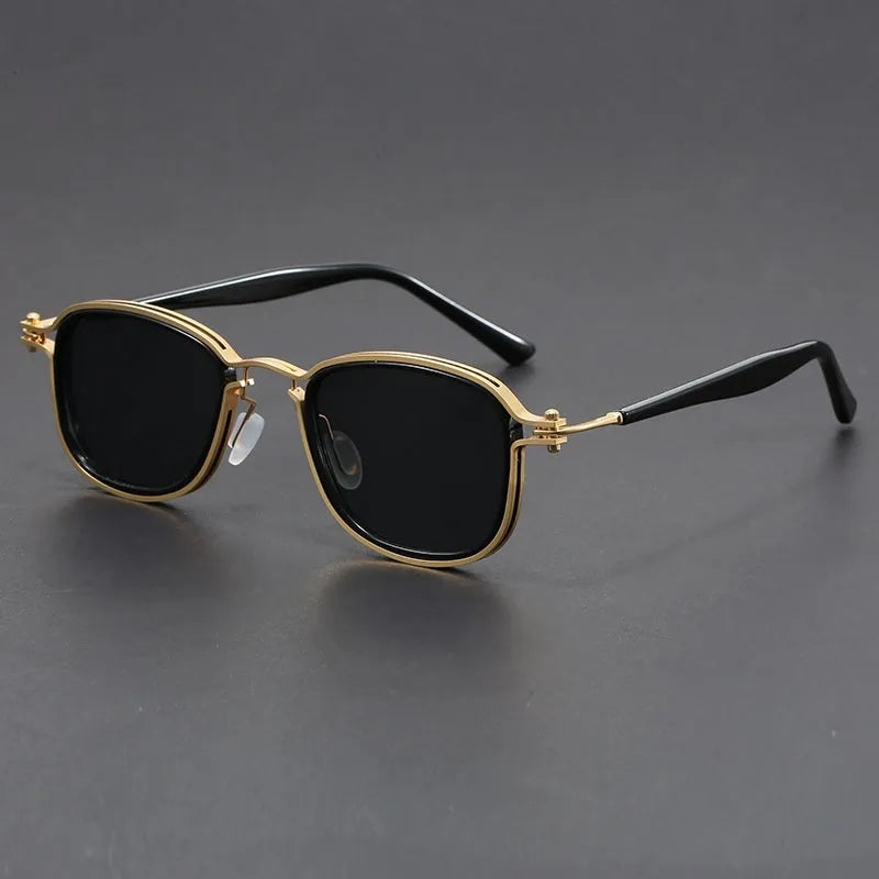 Retro square frame metal sunglasses with AC lens, shown in a colour option like black gold full grey.