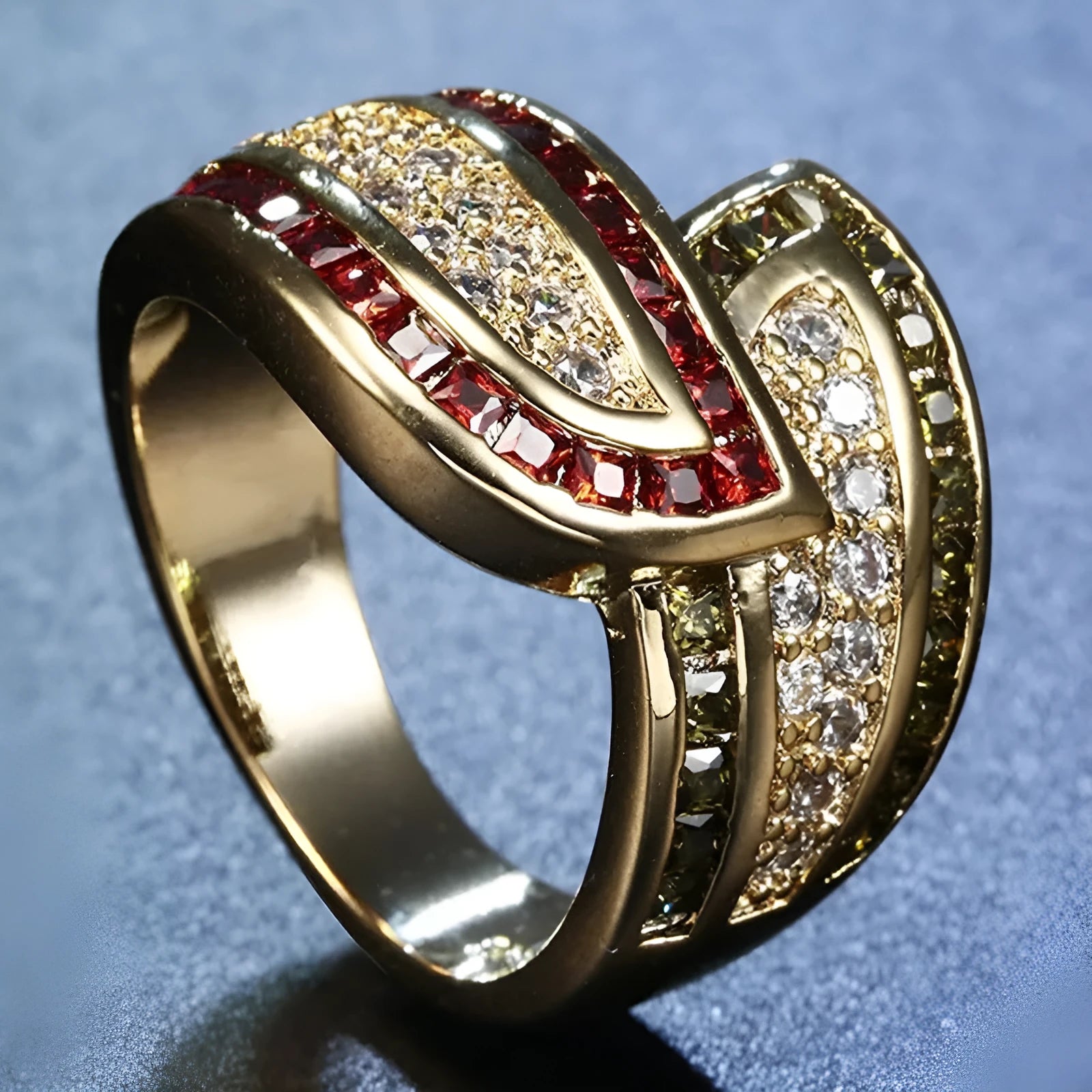 Gold-coloured peridot ring on display with alloy construction and women's sizing options