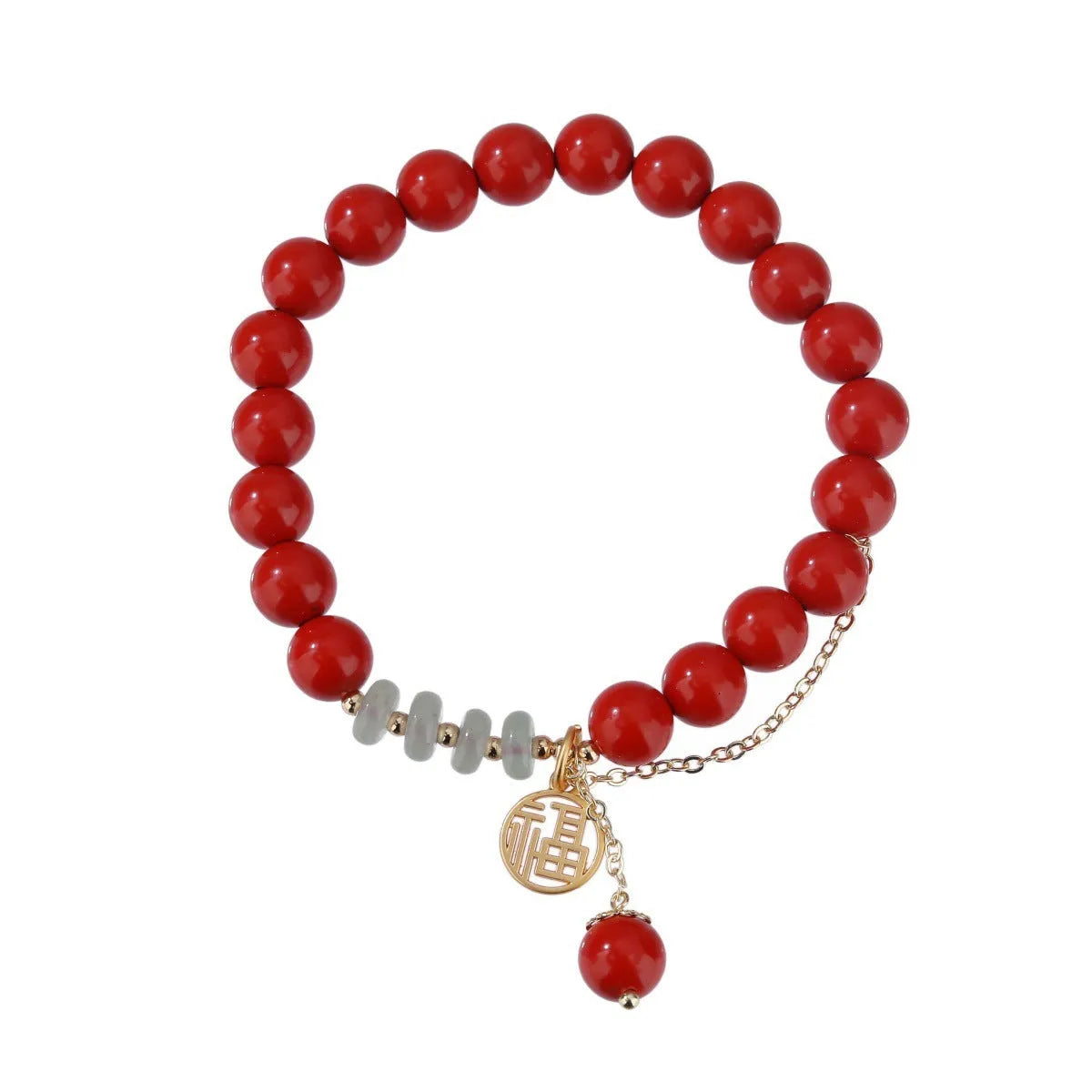 Handcrafted red sand cinnabar bracelet with fu character charm, jade spacer beads, and tassel decoration