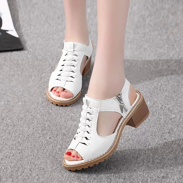 Women's retro sandals with side zip closure and mid heel in black, creamy white, and white colours