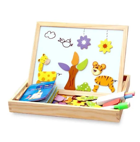 Wooden magnetic puzzle board with animal figures and drawing surface for children