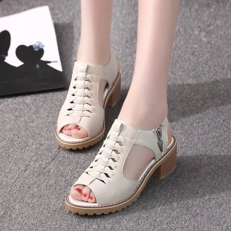 Women's retro sandals with side zip closure and mid heel in black, creamy white, and white colours