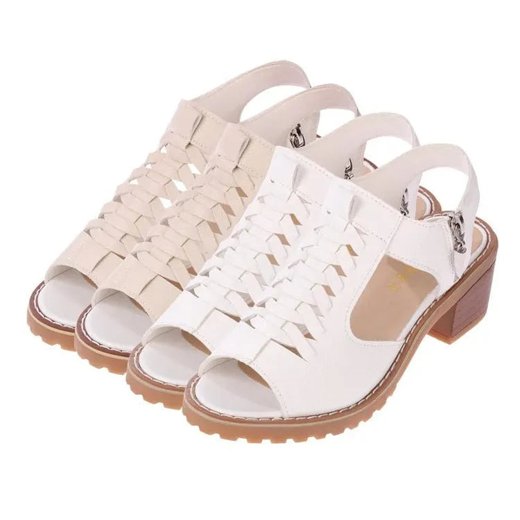 Women's retro sandals with side zip closure and mid heel in black, creamy white, and white colours