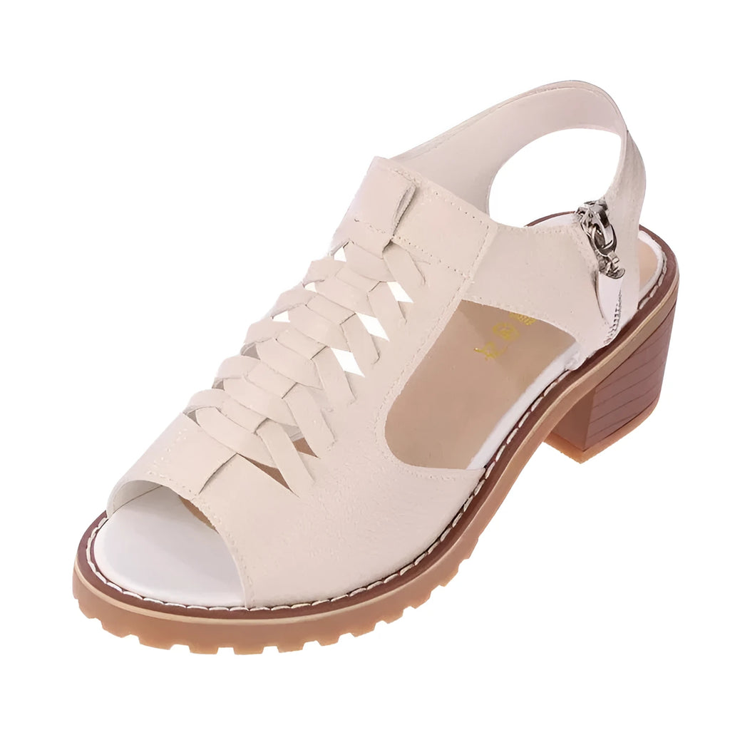 Women's retro sandals with side zip closure and mid heel in black, creamy white, and white colours