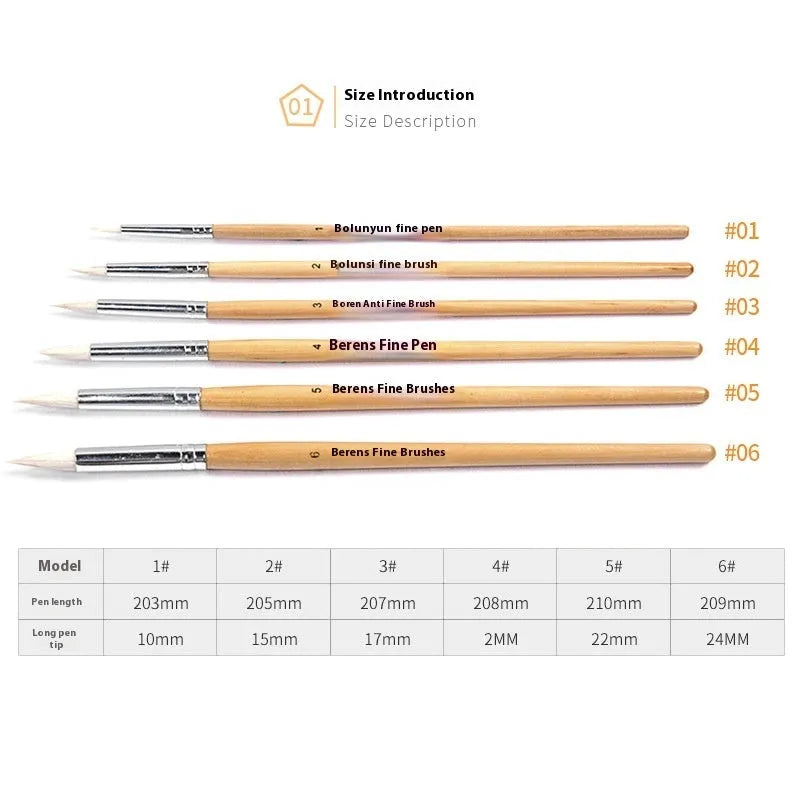 Set of six wooden-handled artistic brushes with pointed tips for calligraphy and watercolour painting.