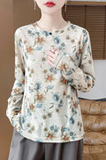 Women's round neck floral print pullover shirt in Tencel cotton fabric on a model.